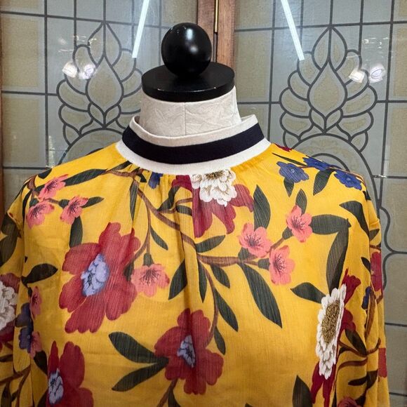 French Connection Eloise Floral Print Striped Trim Sheer Blouse Top Size 12 - Picture 4 of 11